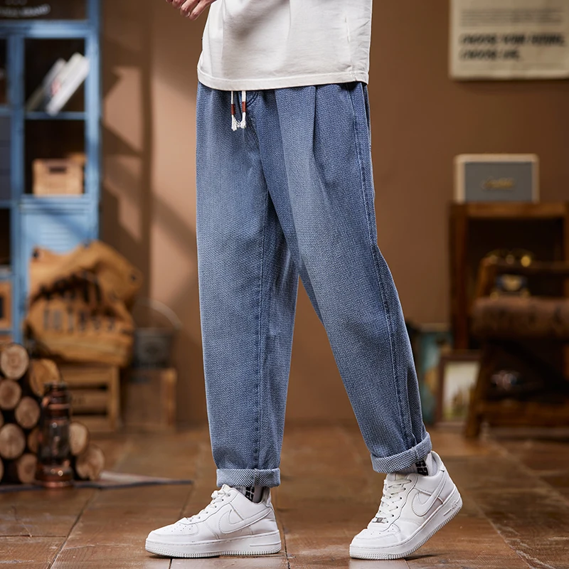 

Casual Men's 2024 Spring Summer Drawstring Cotton Jeans Hip Hop Streetwear Elastic Waist Denim Pants Loose Full-length Trousers