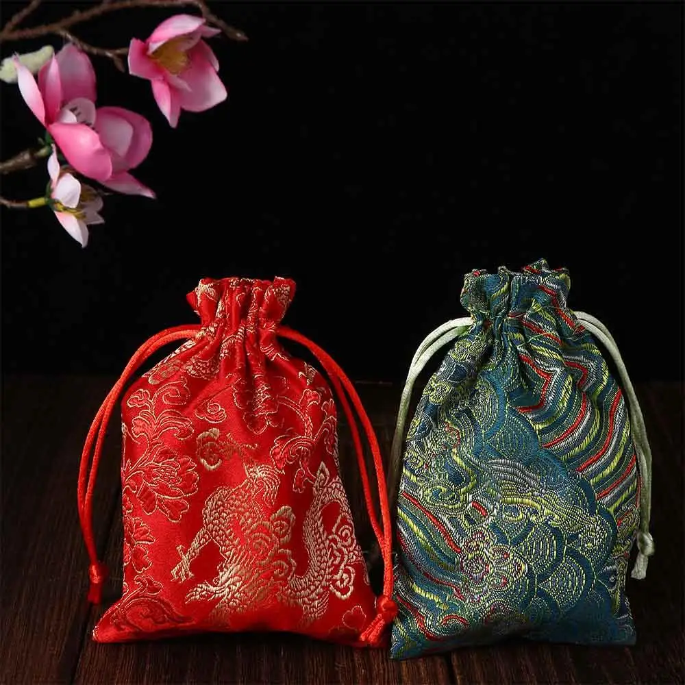 Candy Tie Embroidered Gift Party Wedding Storage Bag Pouch Satin Jewelry Packaging Bag