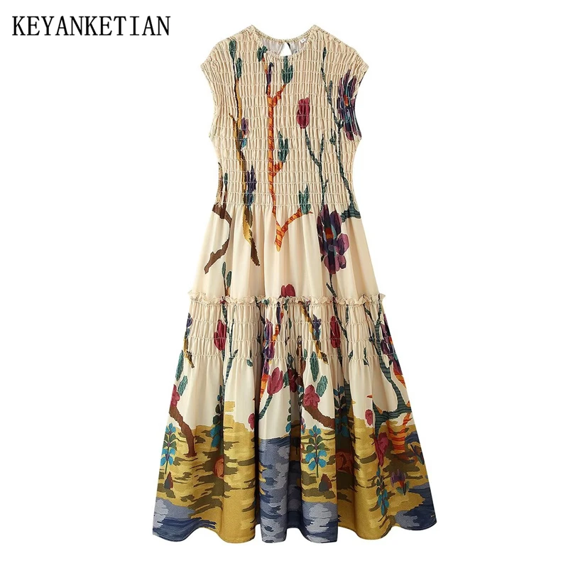 Keyanketian 2025 novo pintado à mão impressão plissado cintura elástica sem mangas vestidos midi estilo retro magro em camadas uma linha vestido longo