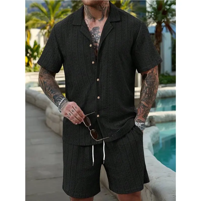 Men's Camp Collar Jacquard Button Up Shirt And Drawstring Shorts Two Piece Outfit Black L