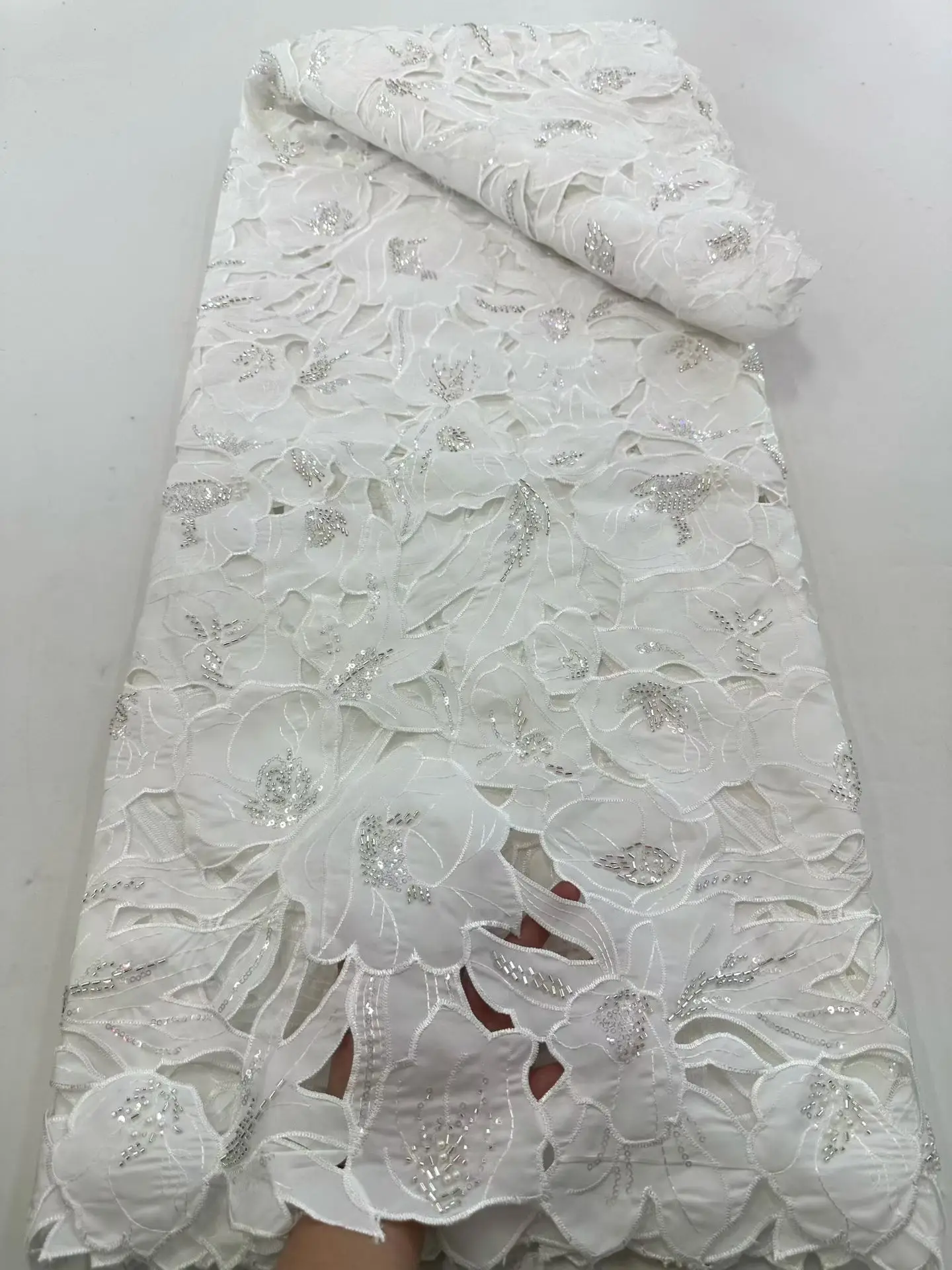 African Nigerian Laser Cotton Water Soluble Lace Fabric 2026 High Quality Cotton With Beads  Lace for Women Wedding Dress Sewing