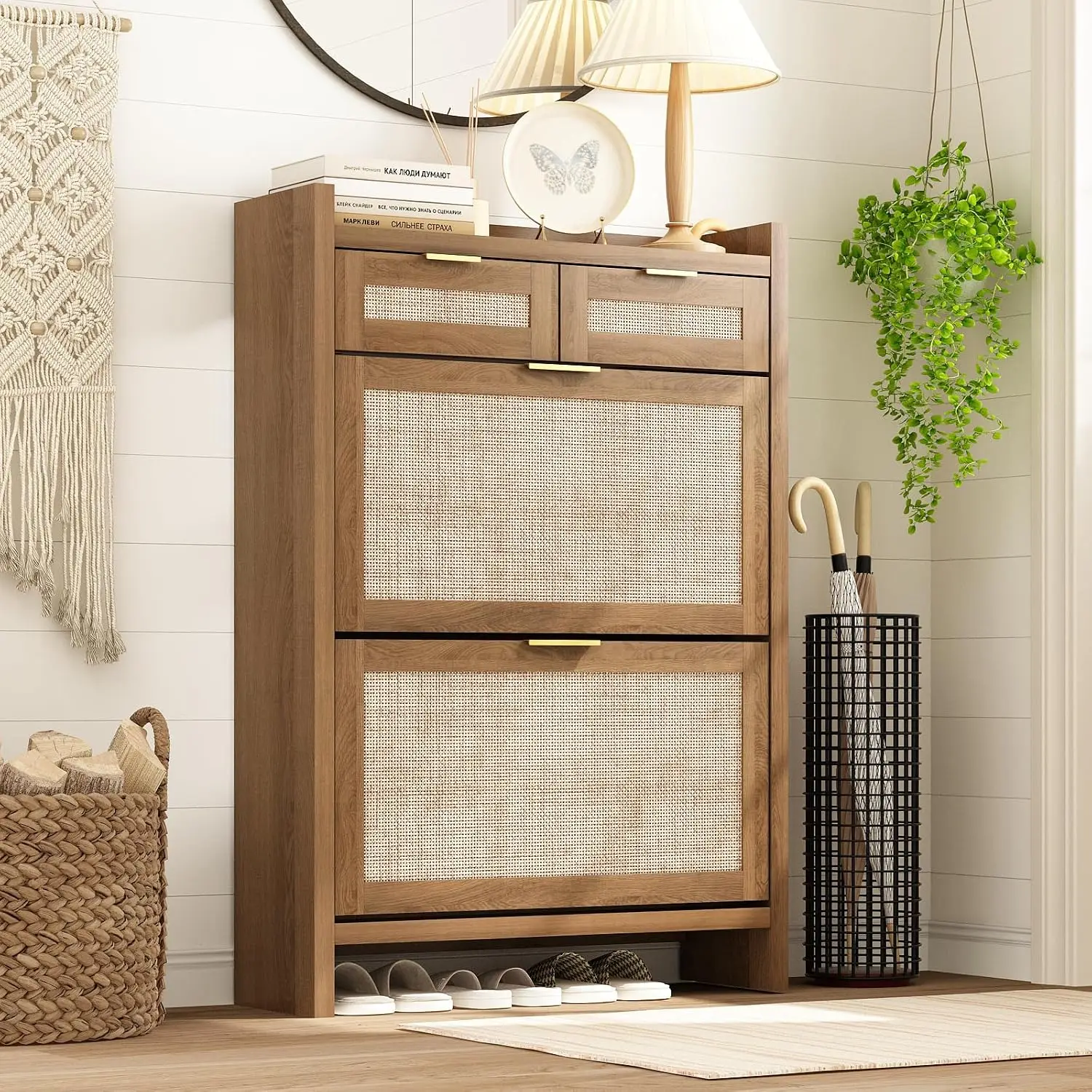 Slim Rattan Shoe Cabinet with Flip Drawers for Entryway Narrow Hallway Hidden Storage Organizer Oak 2 Doors, Customized