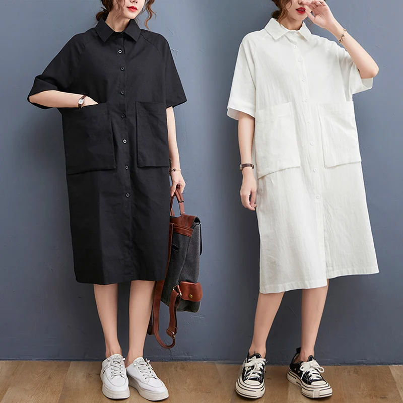 

Pure Color Large ket Midi Dr ort Sve Collar Button up A-Line Skirt plus Size Women's Faion Casual Dr