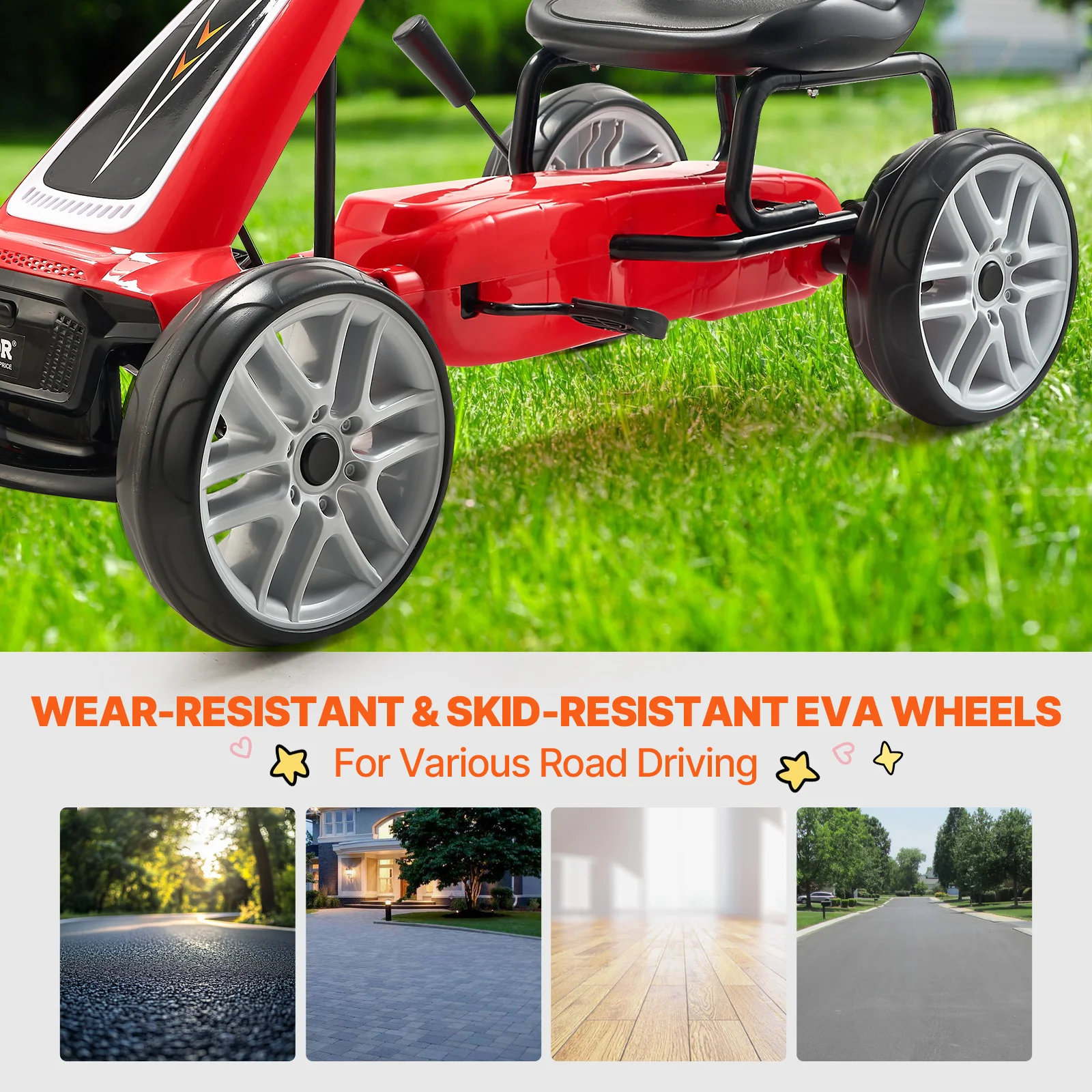 VEVOR Carrito de Pedales Todoterreno de 4 Ruedas para Niños con Volante, Asiento Ergonómico Ajustable y Freno de Mano, Ruedas de EVA, Carga de 49,9 KG Coche de Pedales para Niños de 5 a 12 Años, Rojo