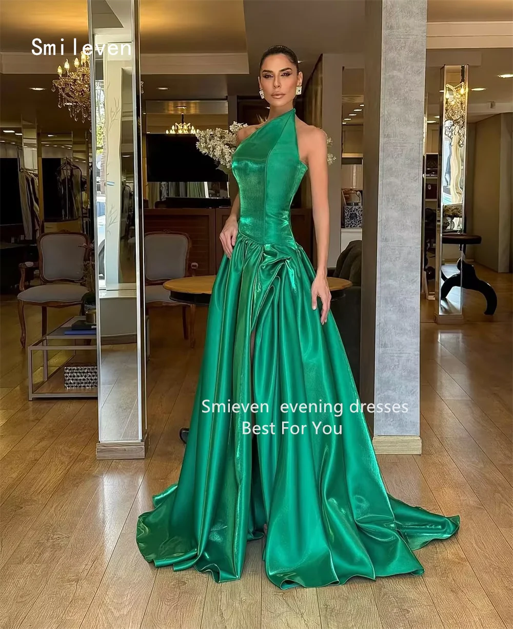 Smileven Luxury Green A Line Prom Dress Moist Sleeveless Party Gowns Shining Side Silt Formal Occassion Dress Customized 2026 image 3