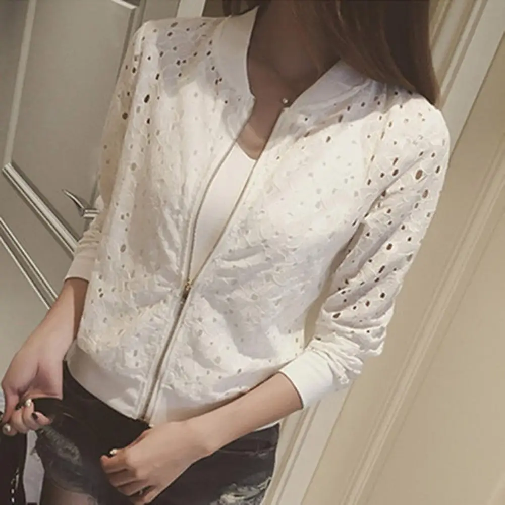 

Casual Women Jacket Elegant Lace Hollow Out Women's Coat with Stand Collar Zipper Closure for Daily Wear Dating Outfits