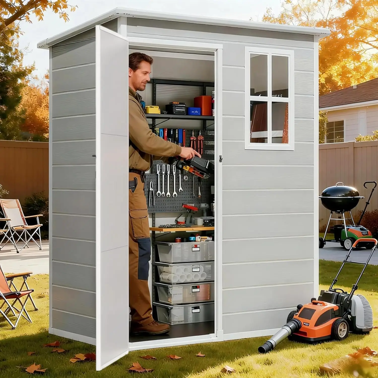 

5x3 FT Resin Outdoor Storage Shed, Weather-Resistant Plastic Garden Tool Shed with Floor and Lockable