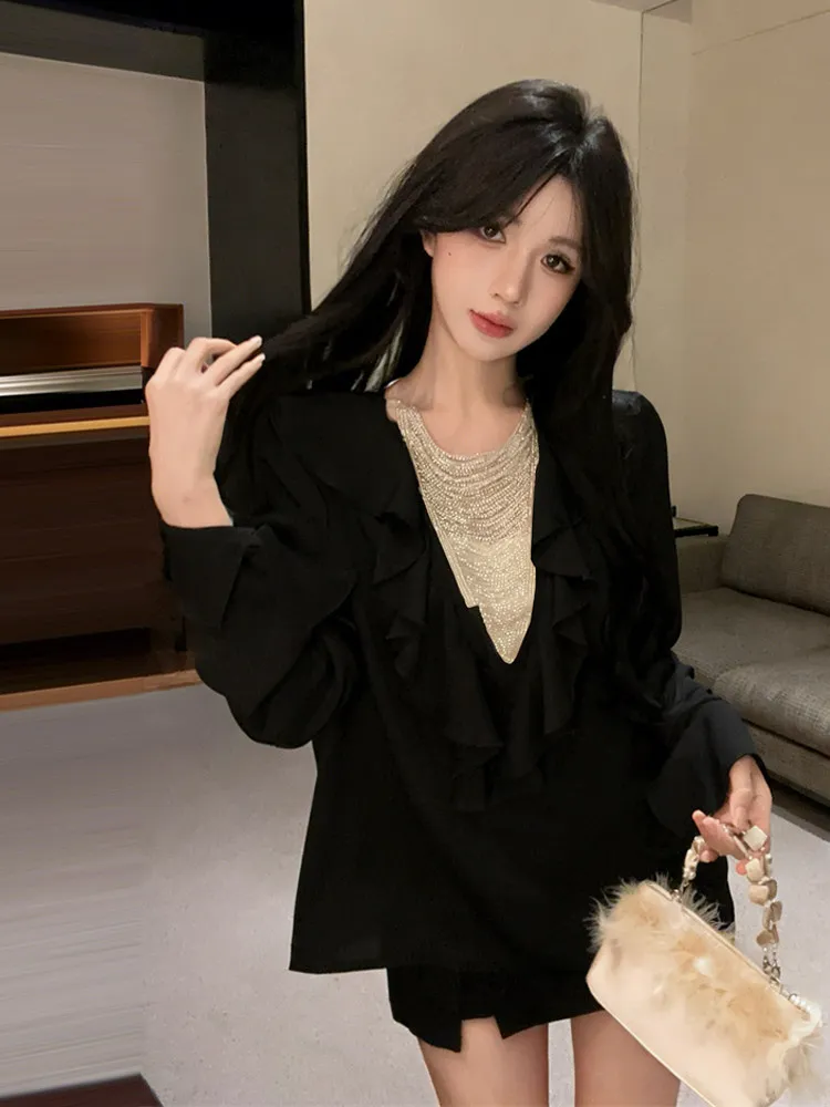 French Elegant Y2K Ruffle Satin Beige Blouse Shirt Women Spring V-neck Loose Long Sleeve Casual Top Soft Bottoming Shirts Tops
