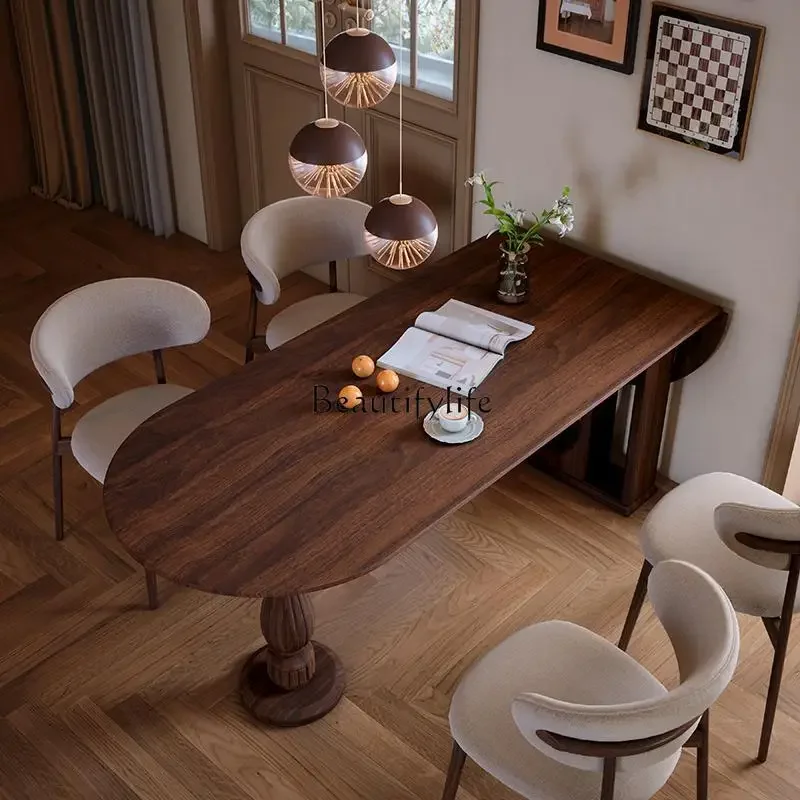 

ld14 French Retro Vintage Style Solid Wood Dining Table Oval Semi-Circular Foldable Walnut Color