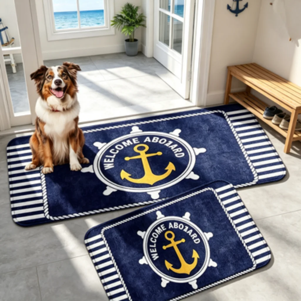 Navy Stripe Anchor Mat, Gold Round Anchor Runner, Black Home Foldable Mat, Navy Wings Anchor Slogan Mat.