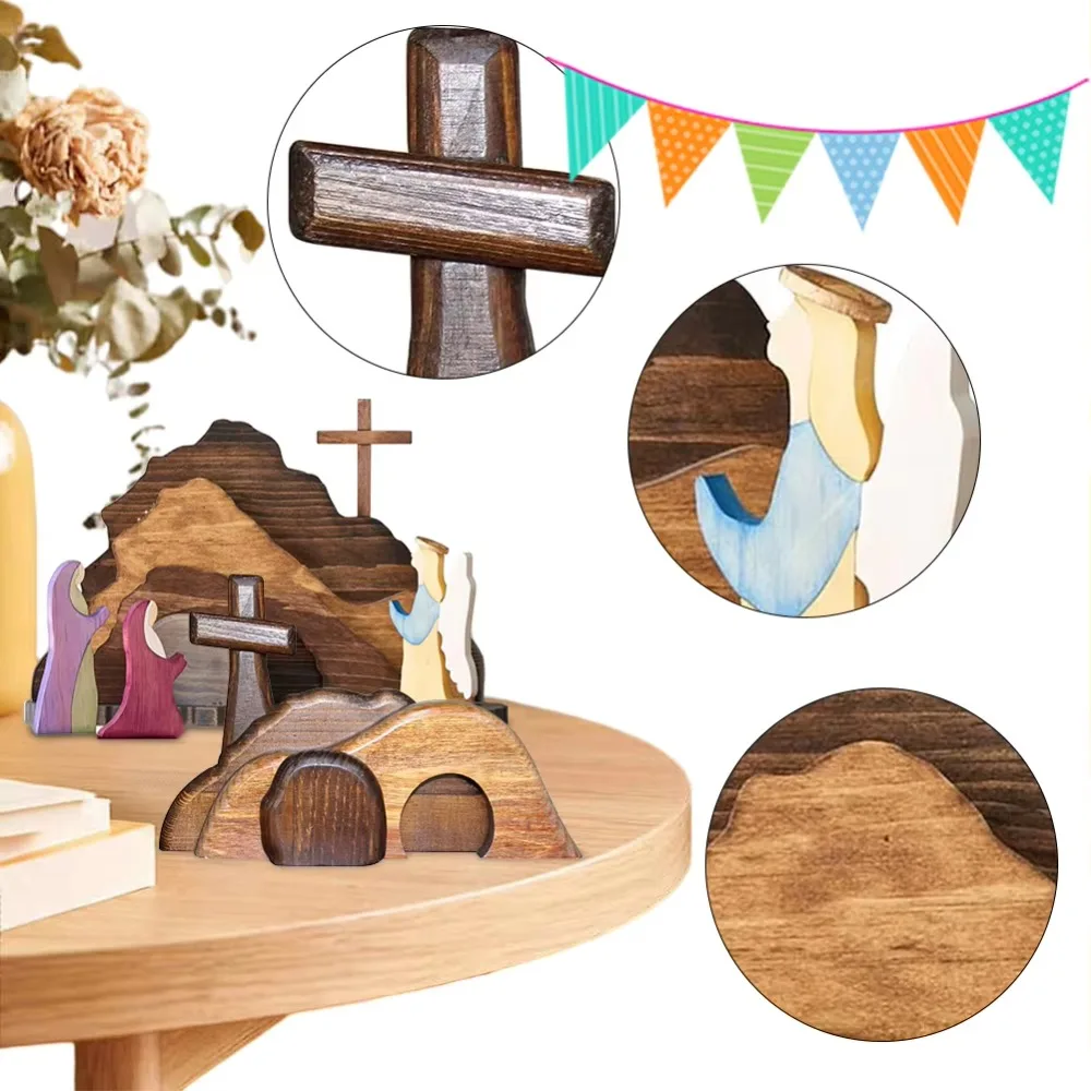 Wooden Empty Tomb Easter Scene Decoration Easy To Install Portable Cross Jesus Tomb Tray Set Reusable Cross Empty Tomb Statue