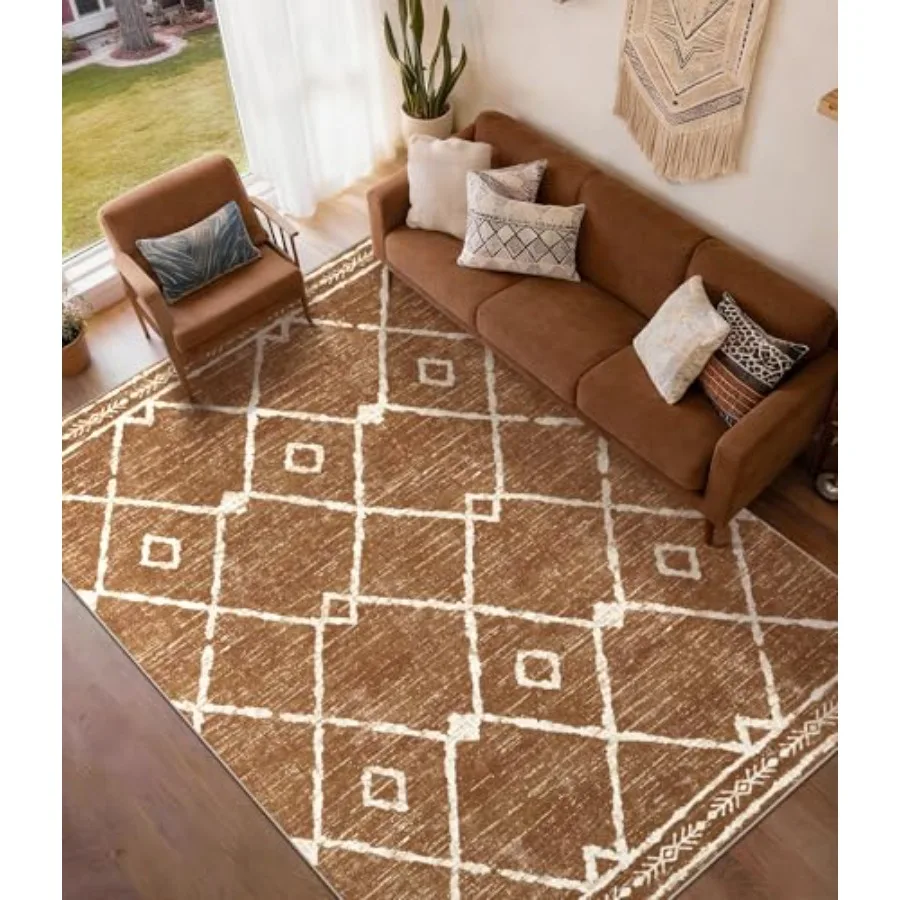 

Western rugs for living room: 6x9 Moroccan area rug in burnt orange, Aztec pattern, Southwestern style, soft low-pile, washable