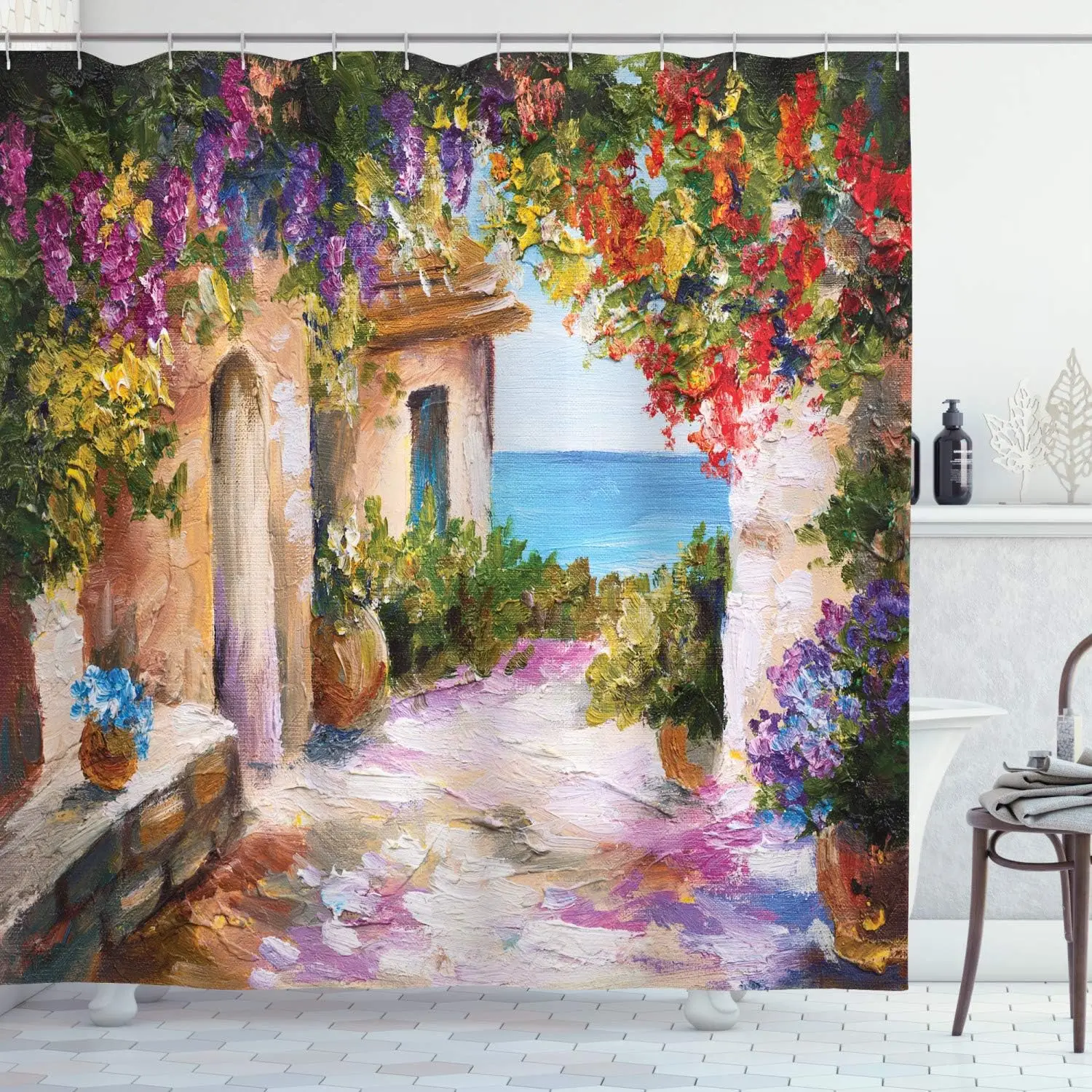 Landscape Shower Curtain, Old Village with Colorful Plants and Flower Gate Greek Houses Artwork, Cloth Fabric Bathroom Decor Set