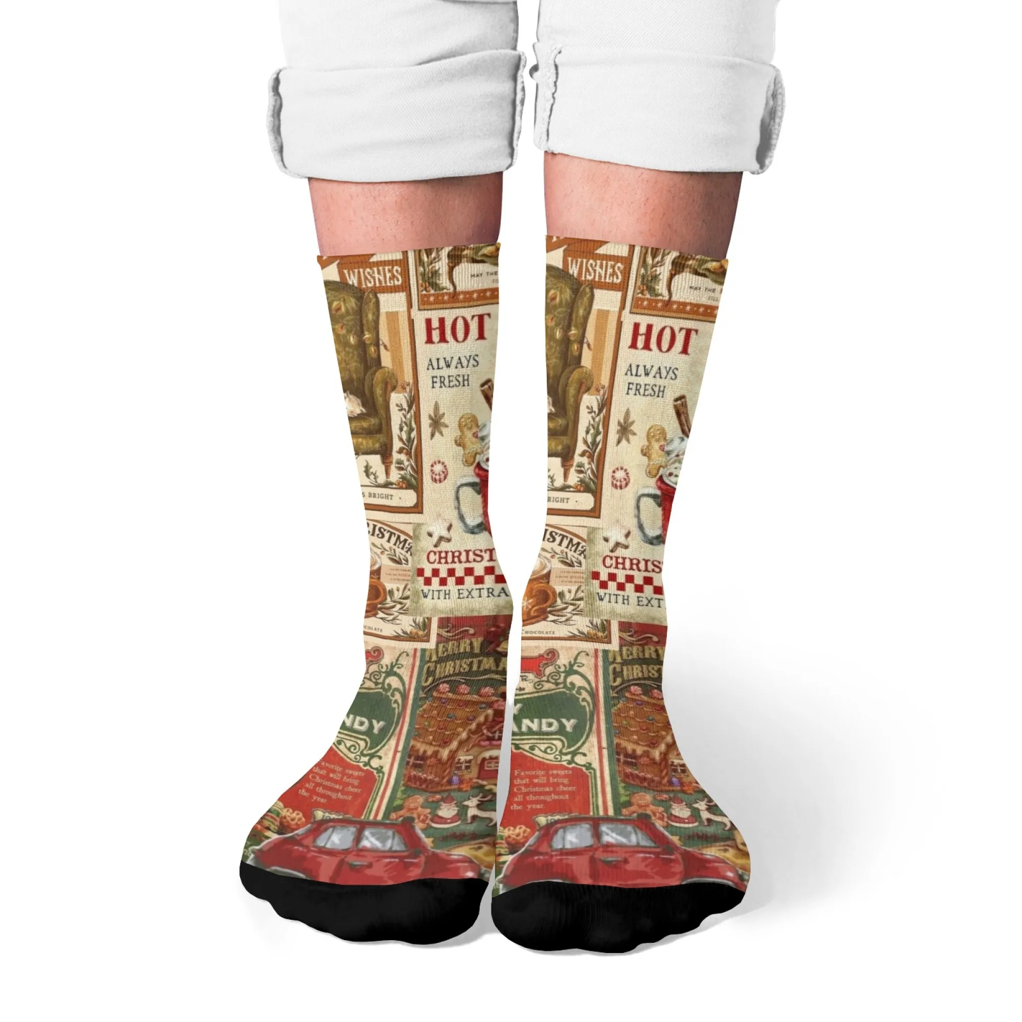 Calzini da uomo con stampa patchwork natalizia retrò Harajuku - Calzini casual per le vacanze di Natale in stile street romanzo - Regalo divertente per le feste