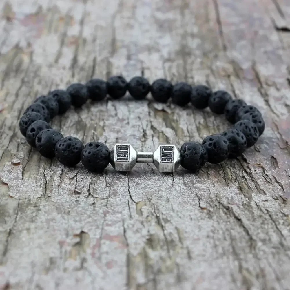 Pulsera Hombre Men Beaded Bracelet Natural Lava Stone Dumbbell Charm Bracelets Energy Fitness Barbell Fashion Women Jewelry