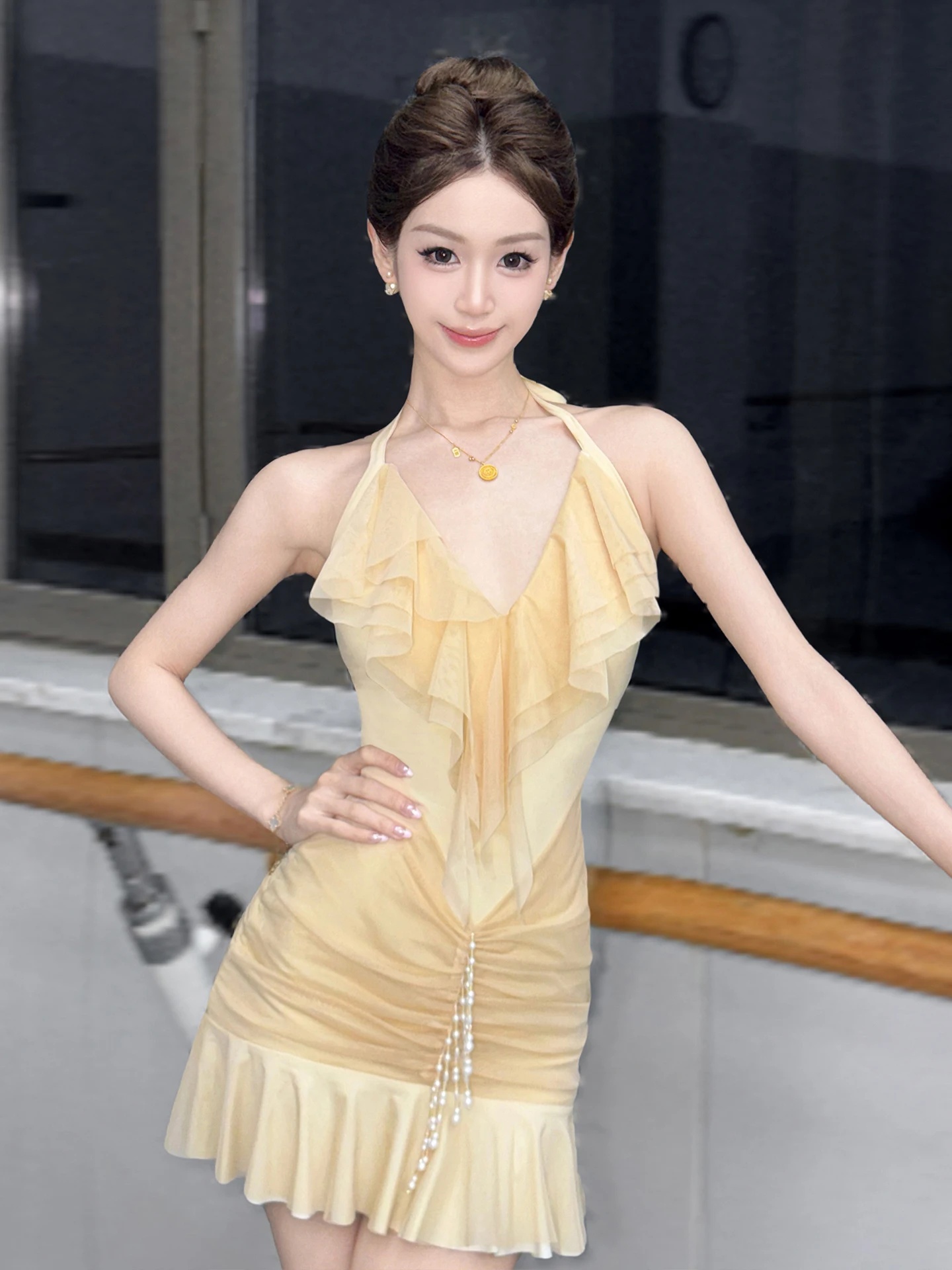 Abito da ballo latino britannico per donna, abbigliamento per pratica e competizione di jazz, costume da ballo da sala senza maniche per allenamento