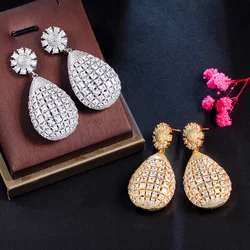 CWWZircons Brilliant White Cubic Zirconia Setting Big Round Drop Long Earrings for Women CZ Wedding Dubai Gold Plated CZ293