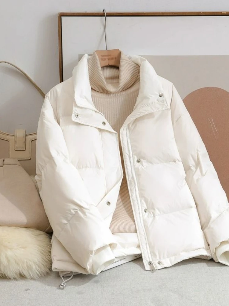 

Autumn Winter Women White Duck Down Coat Casual Lapel Single Breasted Jacket Fashion Zippers Warm Light Puffer Parka Outwear