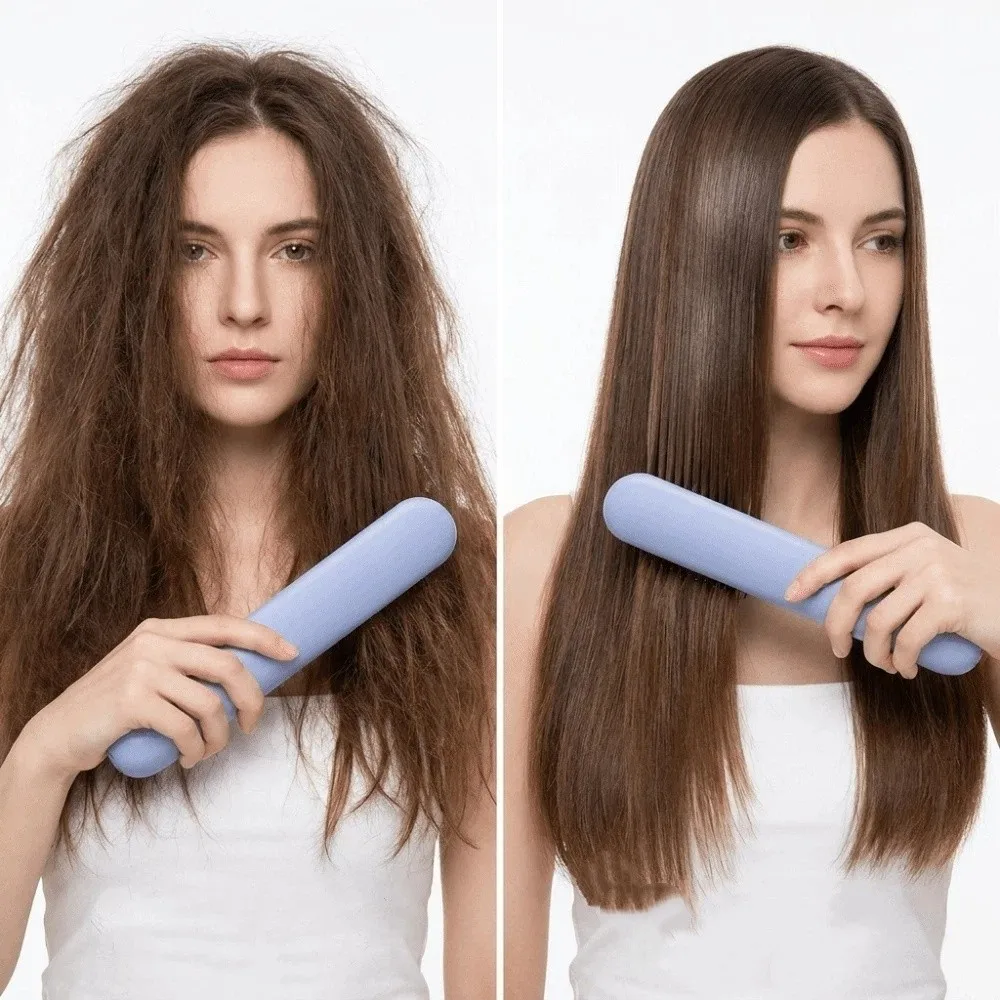 Wireless Hair Straightener Portable LCD Display 2 In 1 Styling Tool Safety Protection Even Heating USB Rechargeable Brush