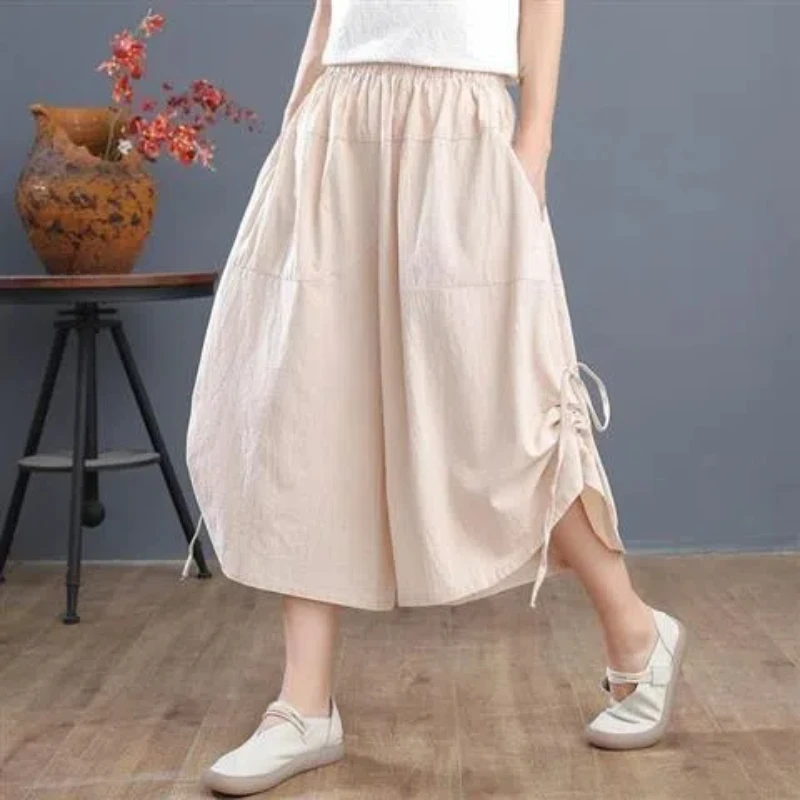 

Women's 2024 Summer Elastic High Waisted Loose Solid Patchwork Pockets Drawstring Cotton Korean Commuter Wide Leg Skirts Pants