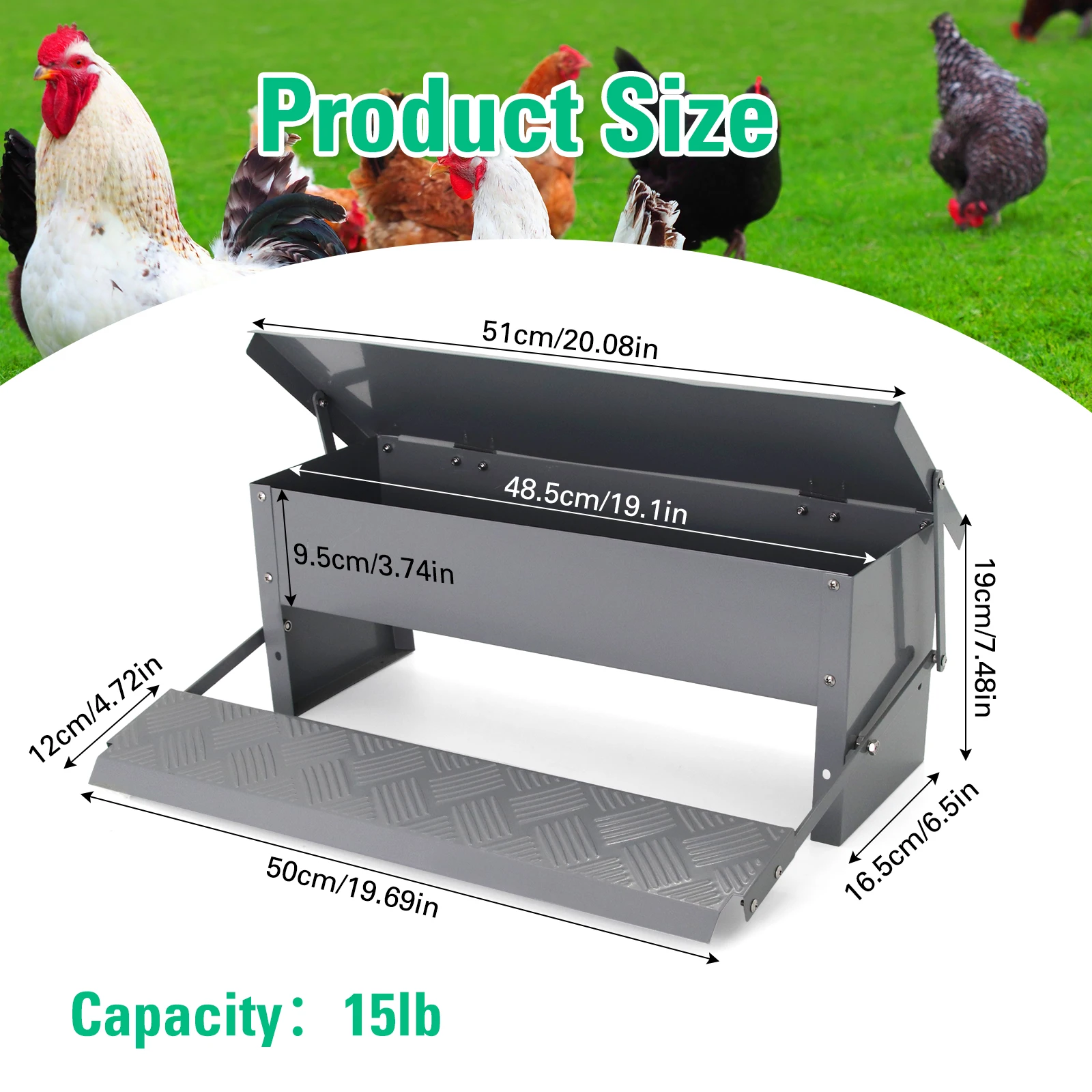 Chicken Feeder Poultry Treadle Iron Spray Paint Trough for Rooster Pheasant Chicken Outdoor Coop Rat Proof with Weatherproof Lid