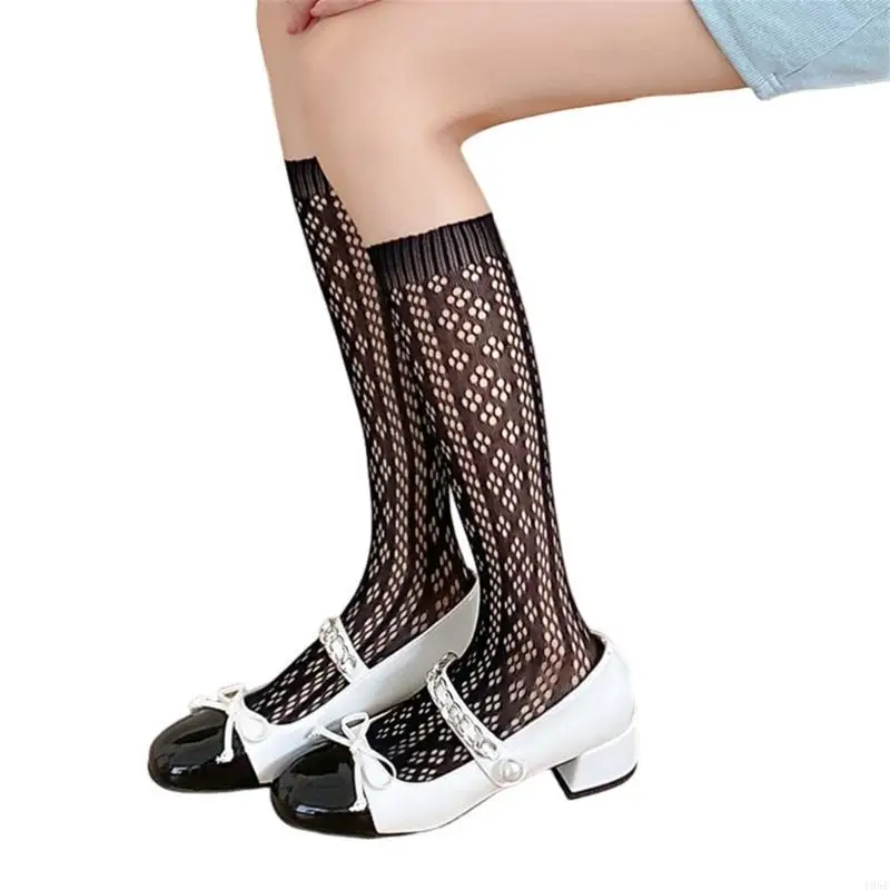 195E 女性メッシュアンクルソックス中空アウトクルーソックス甘い学生靴下ふくらはぎ靴下