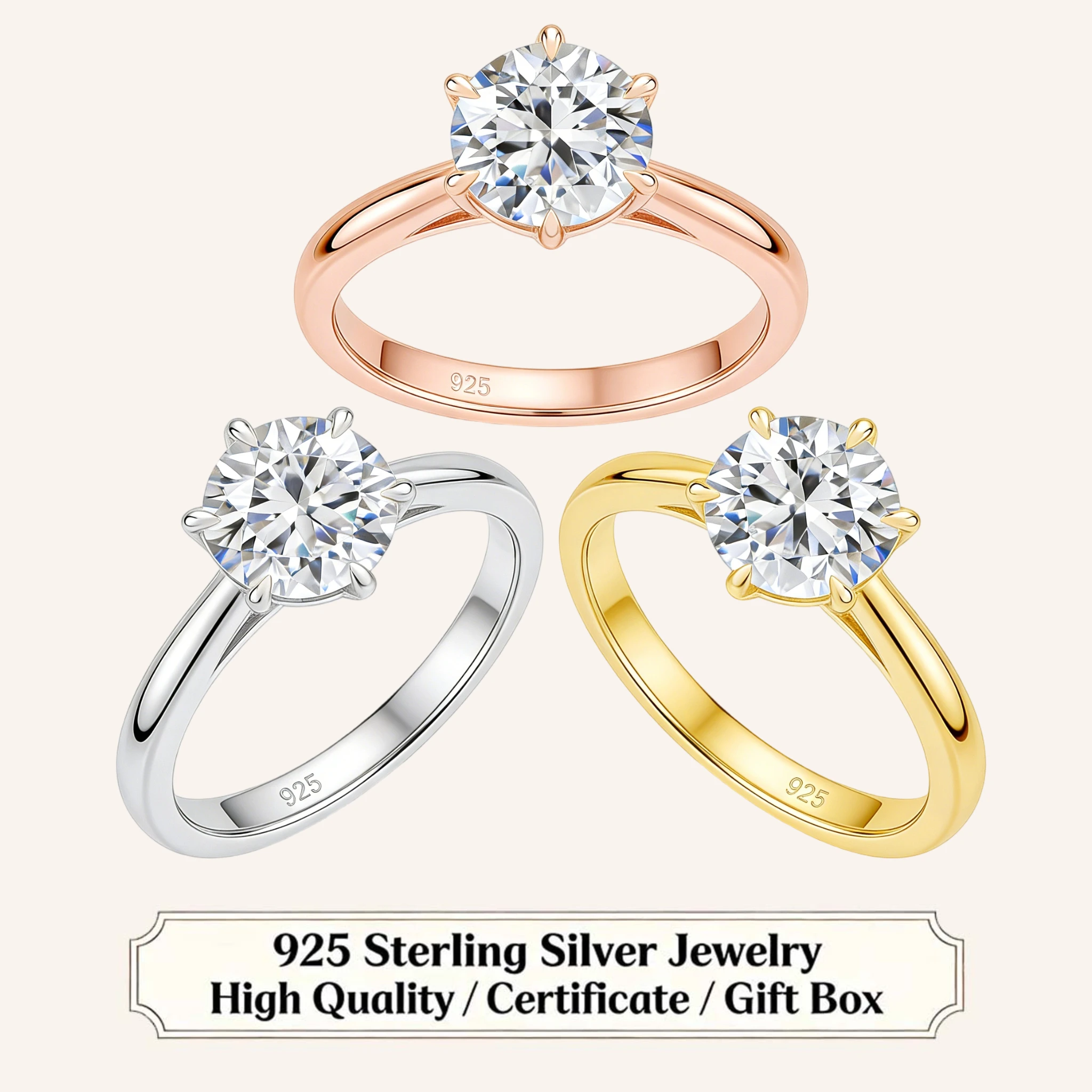 

Classic Silver 925 Certified 1-3CT Moissanite Ring 14K Gold Lab Diamond Solitaire Wedding Ring for Women Engagement Band Jewelry