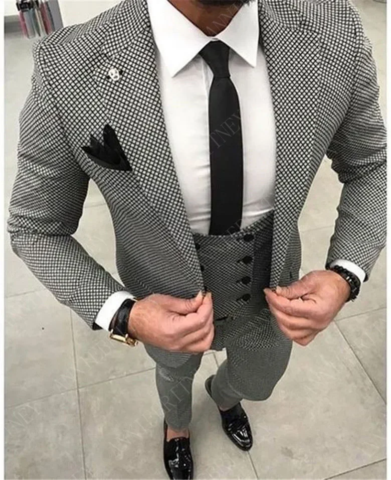 

ANNIEBRITNEY Fashion Houndstooth Men's Suits Set Slim Fit Groom Tuxedos for Wedding Prom Formal Jacket Pants Suits for Men 2019