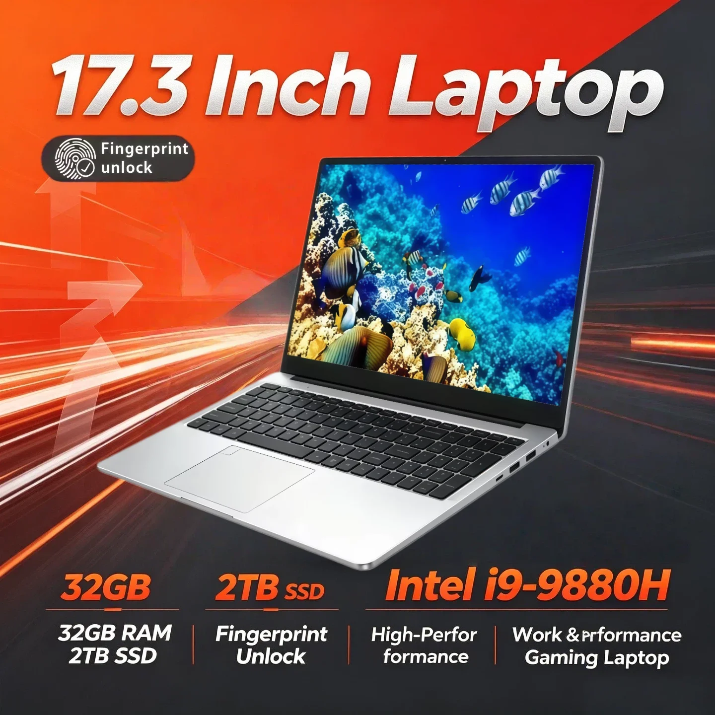 Intel Core i9 9880H 32GB RAM 2TB SSD 17.3 Inch Full Size Laptop Fingerprint Unlock Work Gaming High Performance Pro