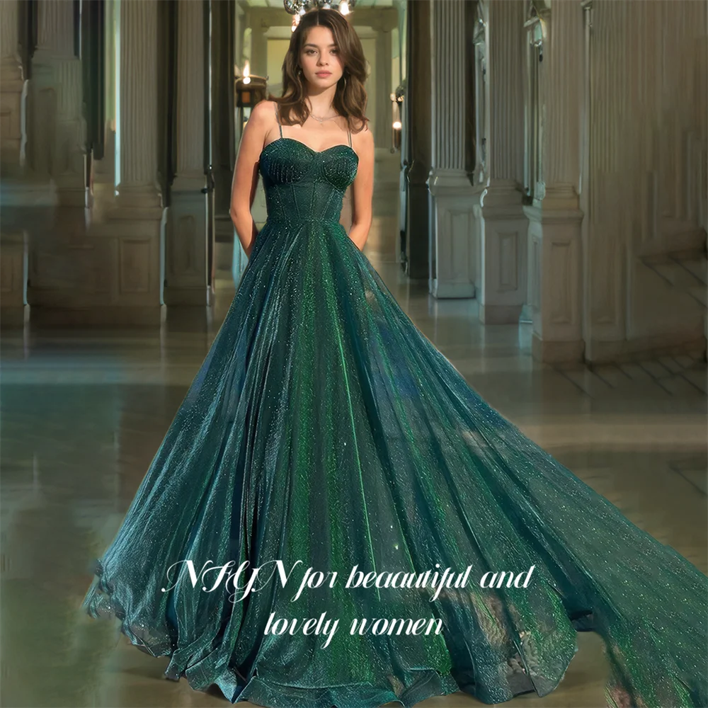 

NFYN Shiny Dark Green A-line Sweetheart Party Dresses Sequin Spaghetti Strap Formal Gown Women's Evening Dresses Customized