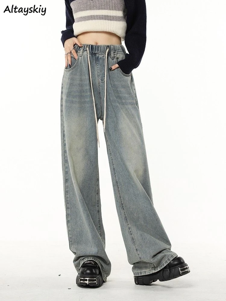 Wide Leg Casual Jeans Women Pockets Drawstring Vintage Baggy Trousers Trendy All-match Harajuku High Street Design Creativity