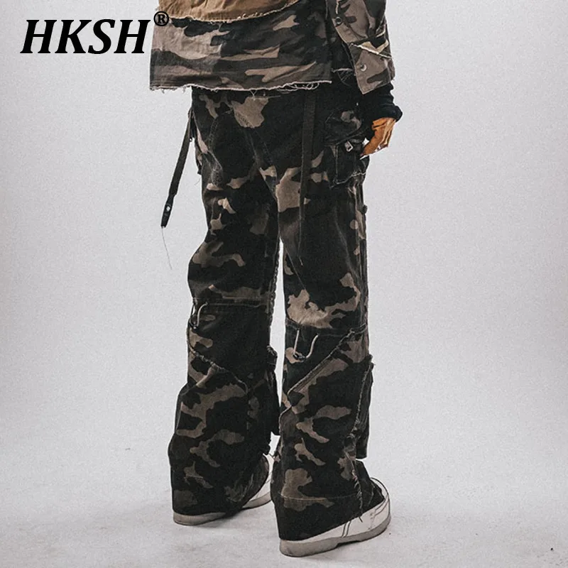 

HKSH Autumn Men's Tide Punk Waste Land Camouflage Dirty Wide Leg Three-dimensional Safari Style Multi Pocket Cargo Pants HK2828