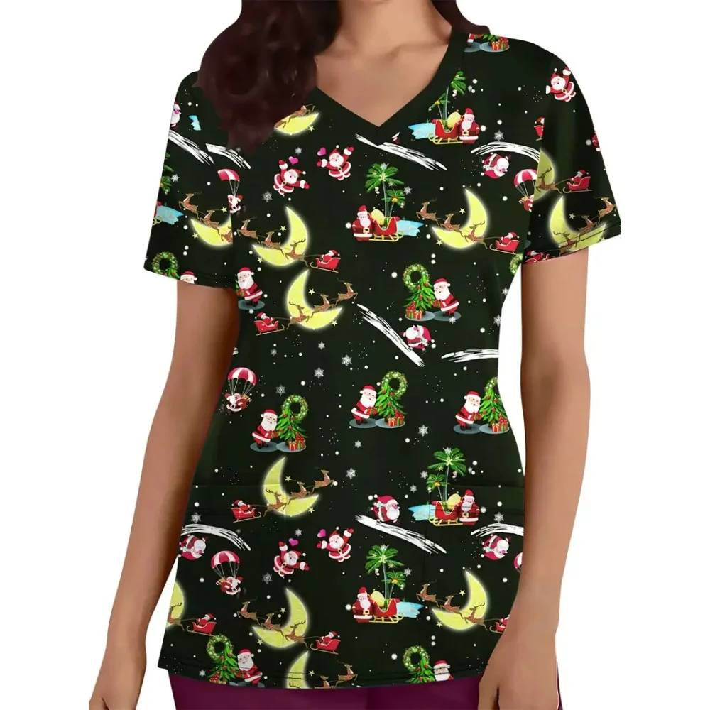 Scrub natalizio Donna medica Estate Cartoon Pattern Stampa Scollo a V Maniche corte Abbigliamento medico per le donne Uniforme da infermiera di moda