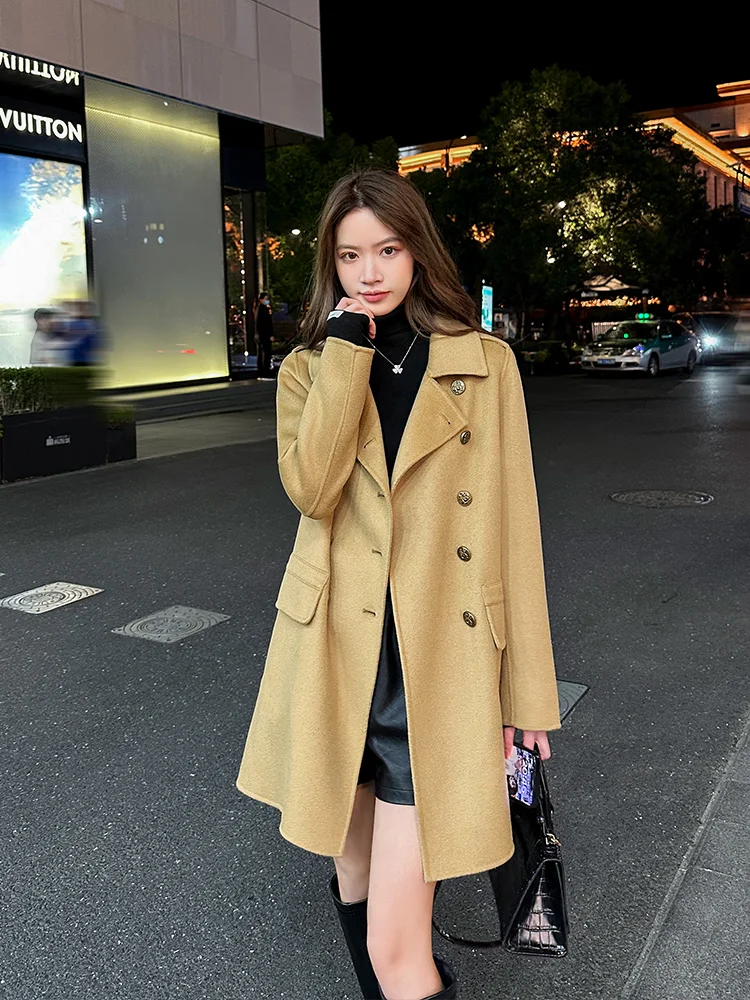 

Ele Woolen Coat Women's Mid-Length Double-Faced Camere Outerwear Winter New Sle Commute Sle Straight Cut Long Sve