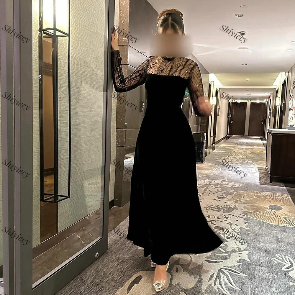 Black Sequined Lace Prom Dress Saudi Arabia Woman Illusion Long Sleeves Jersey High Collar Fomal Party Gowns Vestido De Noche