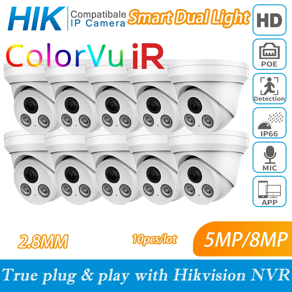 Hikvision Compatible Mini Dome Camera 8MP POE IP Camera 5MP Dual Light Full Color IR Night Vision 4K CCTV Video Surveillance APP