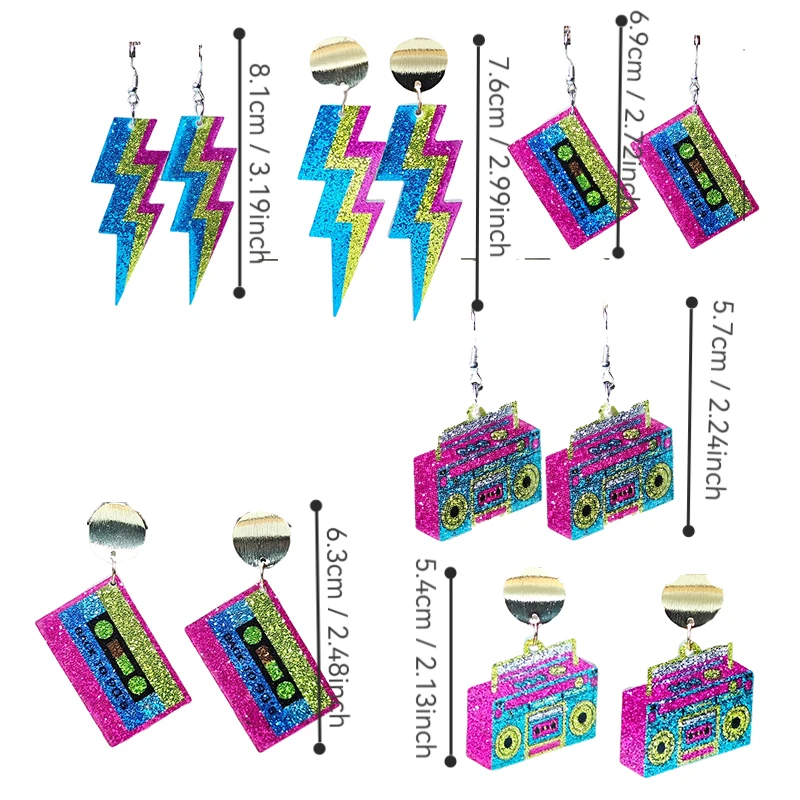 Shining fluorescent tape retro radio lightning pendant earrings, summer sparkling lightning earrings