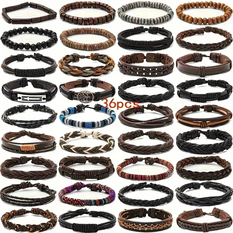 36pcs/set Tree Of Life Men's Retro PU Leather Woven Versatile Bracelet