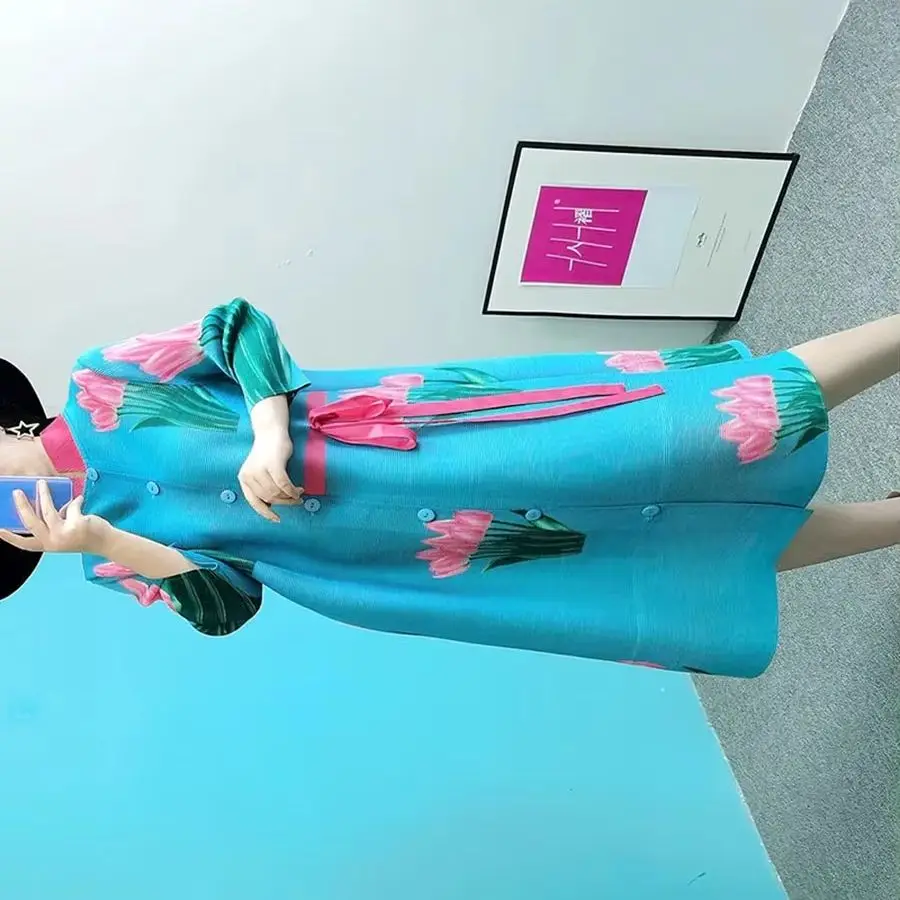 

Miyake Pleated Windbreaker Stand-up Collar Single-Breasted Coat 2026 Spring And Autumn New Loose Lazy Coat Printed Women Dress