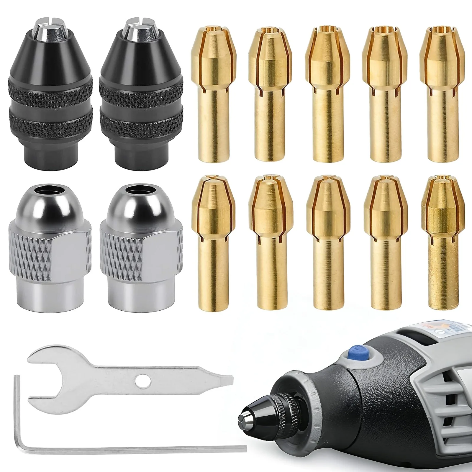 16PCS Drill Chuck Collet Set for Dremel,0.8-3.2mm Rotary Tool Collets,4486 Keyless Chuck with 4485 Brass Collet Metal Nut Kit