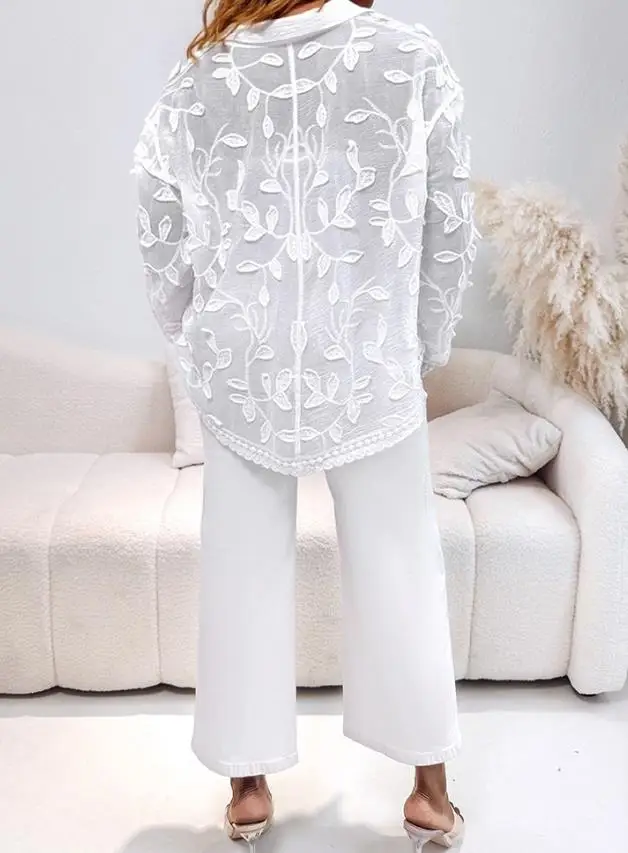 Camicette autunnali New Fashion 2025 Colletto rovesciato Vedere attraverso la camicetta ricamata in pizzo Camicia casual a maniche lunghe jacquard vestibilità ampia