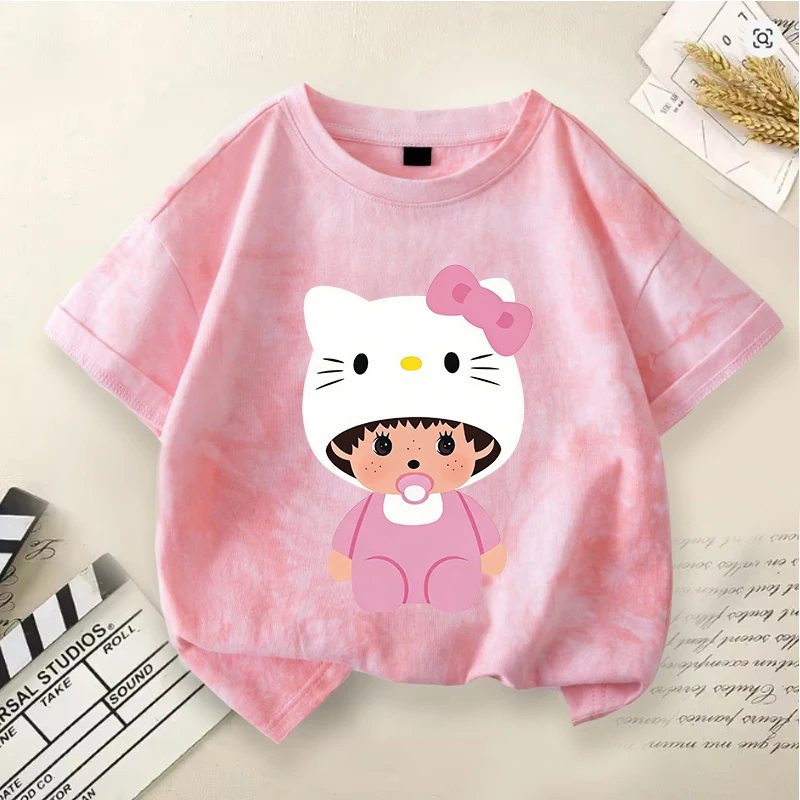 

Футболка Kawaii Monchhichi для маленьких девочек, футболка с короткими рукавами и рисунком обезьяны, хлопковые топы с милым рисунком обезьяны для малышей, детская летняя одежда
