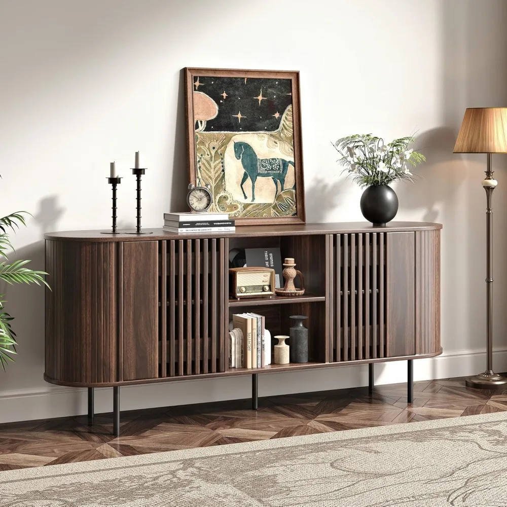 حامل تلفزيون 65 بوصة لأجهزة التلفاز حتى 75 بوصة، وحدة تحكم تلفزيون مركز الترفيه الحديثة في منتصف القرن مع أرفف قابلة للتعديل، ملف تعريف منحني