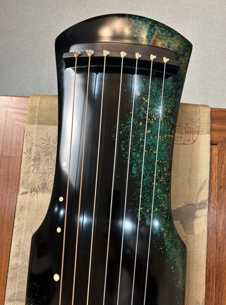 Handmade Fuxi Style Guqin, Green Raw Lacquer Chinese 7 Strings Zither Traditional String Instrument