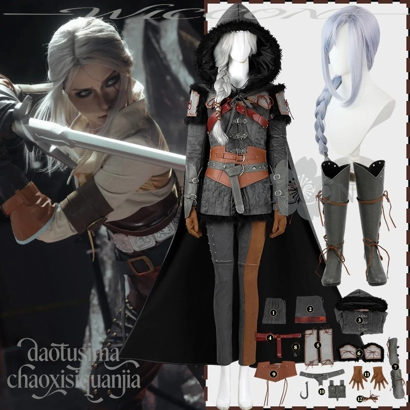 Ciri Cirilla Fiona Elen Riannon Witcher Cosplay traje Punk vikingo uniforme para batalla capa pelucas zapatos Halloween
