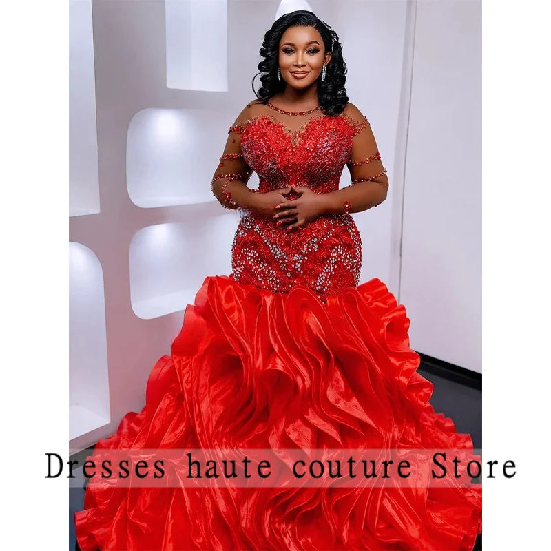 Aso Ebi Long Mermaid Prom Dress With Beaded Crystals Long Women Wedding Party Dress Customized African Ruffles robes de soirée