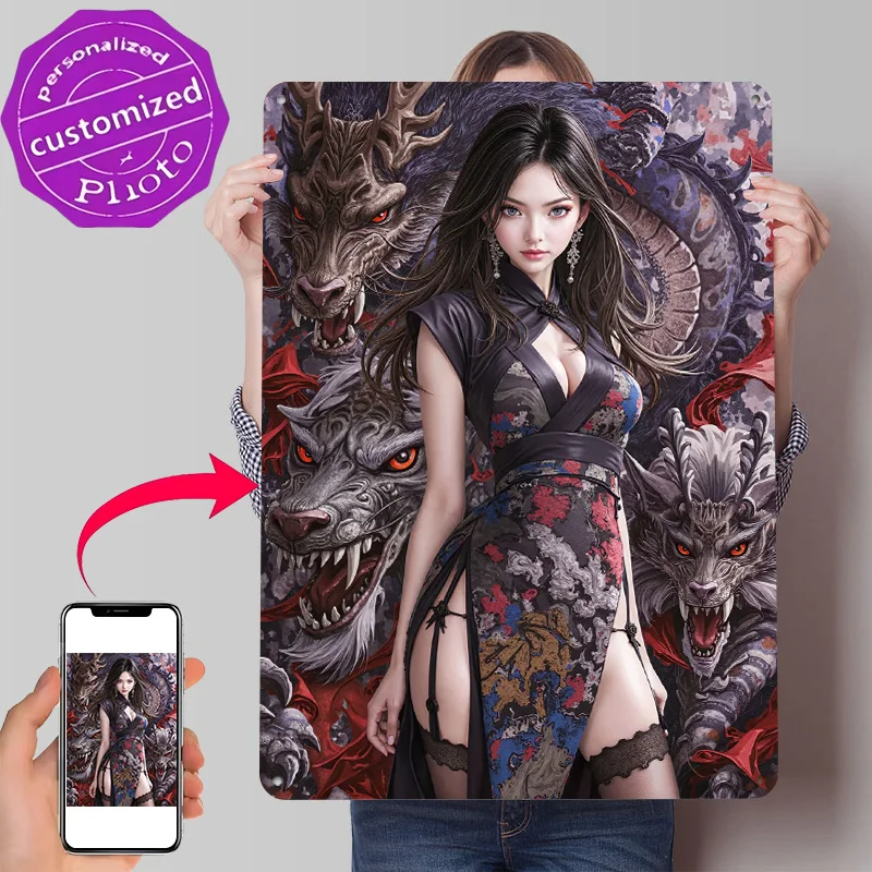 Fantasy Dragon Anime Girl 3D Printed Texture Poster Personalized Wall Art Retro Metal Tin Signs for Article Decoration Gaming