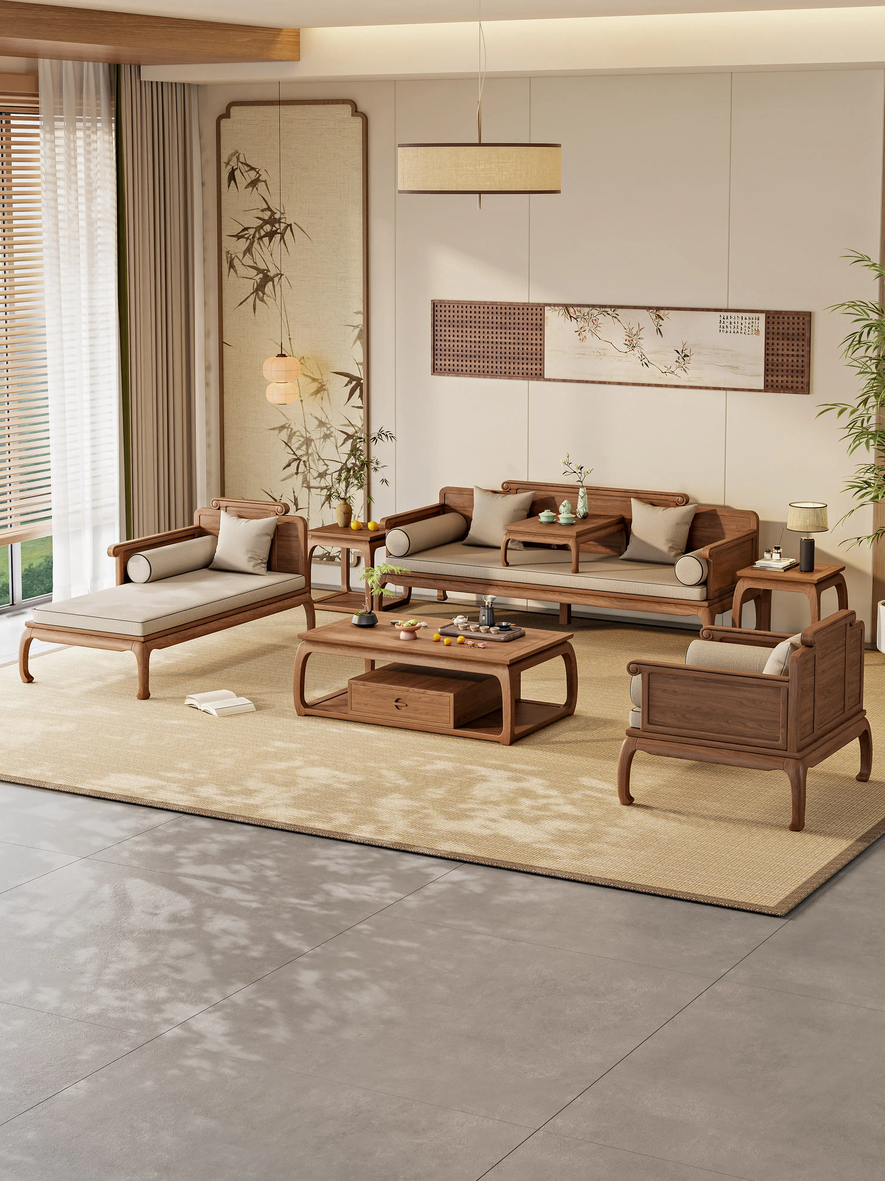 New Chinese-style solid wood sofa living room high-end Song-style aesthetics winter and summer dual-purpose straight row