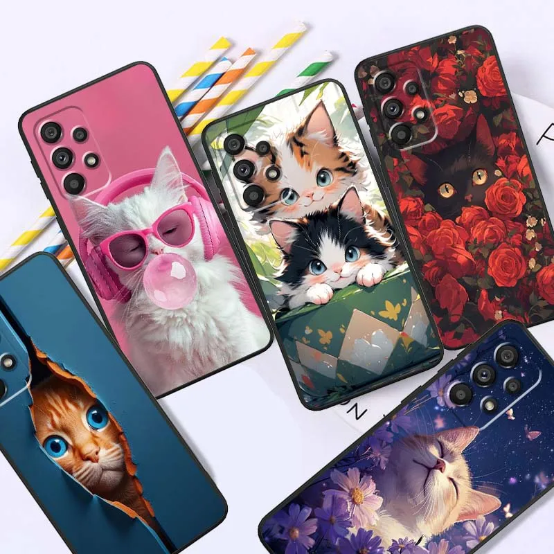 

Popular Cartoon Flower Cat For Samsung A73 A72 A71 A55 A54 A53 A52 A51 A13 A22 A16 A15 A05s A14 A05 A06 5G Black Phone Case