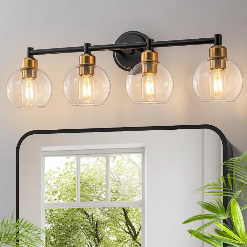 Black and Gold Wall Sconce with Clear Glass Globe Shades,Adjustable .Light Fixtures,4-Light Modern Bathroom Vanity Light